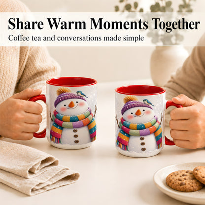 #pl[15oz|Red] Cozy Snowman Coffee Mug, Blue Bird Winter Mug, Ceramic Cup