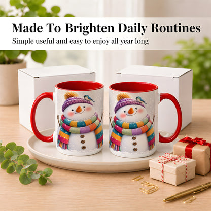 #pl[15oz|Red] Cozy Snowman Coffee Mug, Blue Bird Winter Mug, Ceramic Cup