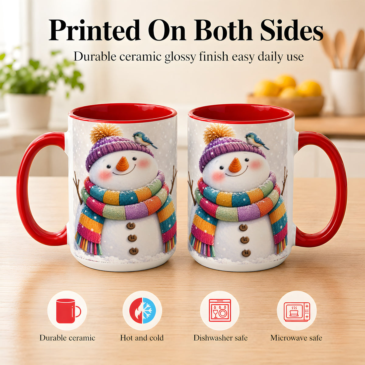 #pl[15oz|Red] Cozy Snowman Coffee Mug, Blue Bird Winter Mug, Ceramic Cup