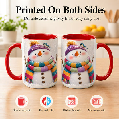 #pl[15oz|Red] Cozy Snowman Coffee Mug, Blue Bird Winter Mug, Ceramic Cup