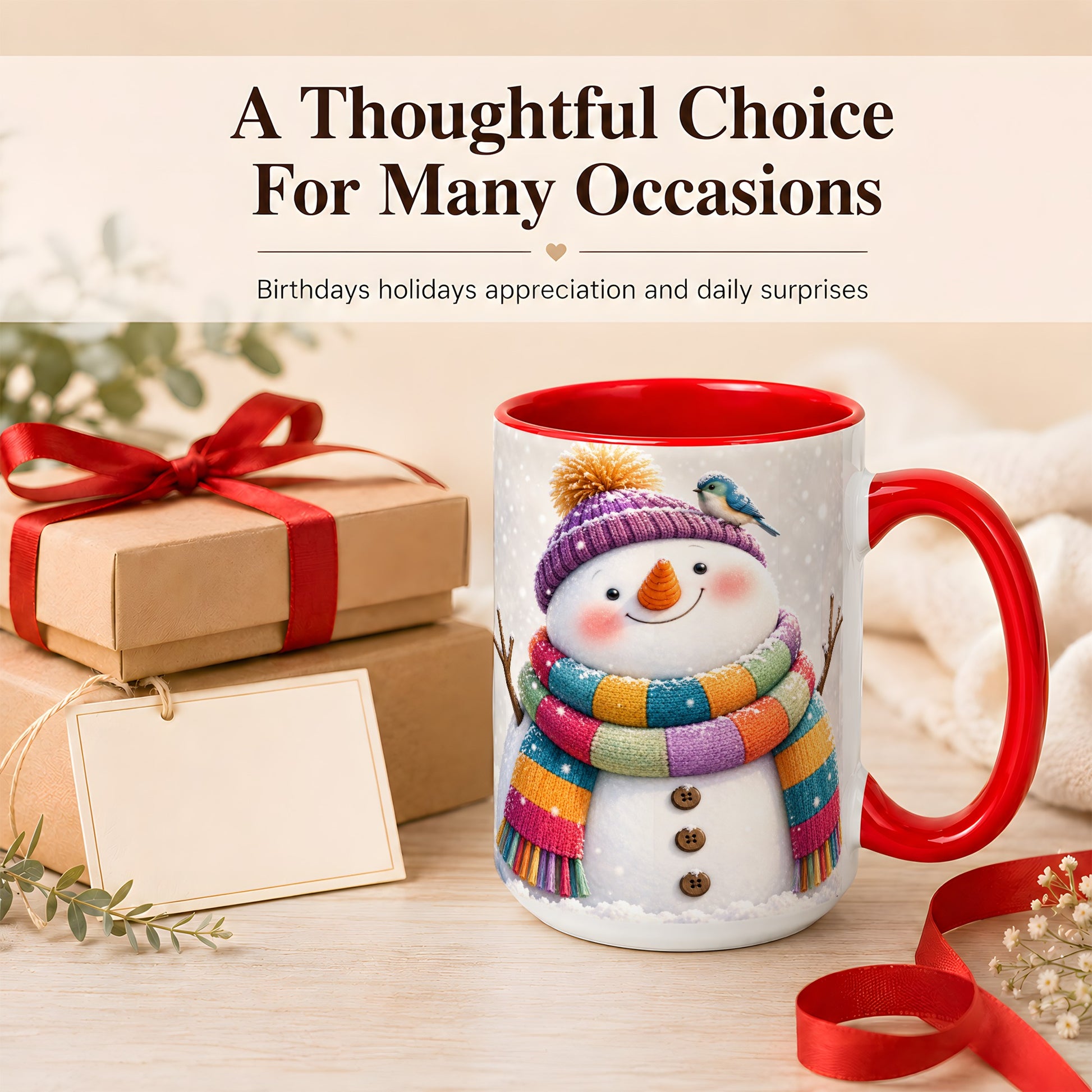 #pl[15oz|Red] Cozy Snowman Coffee Mug, Blue Bird Winter Mug, Ceramic Cup