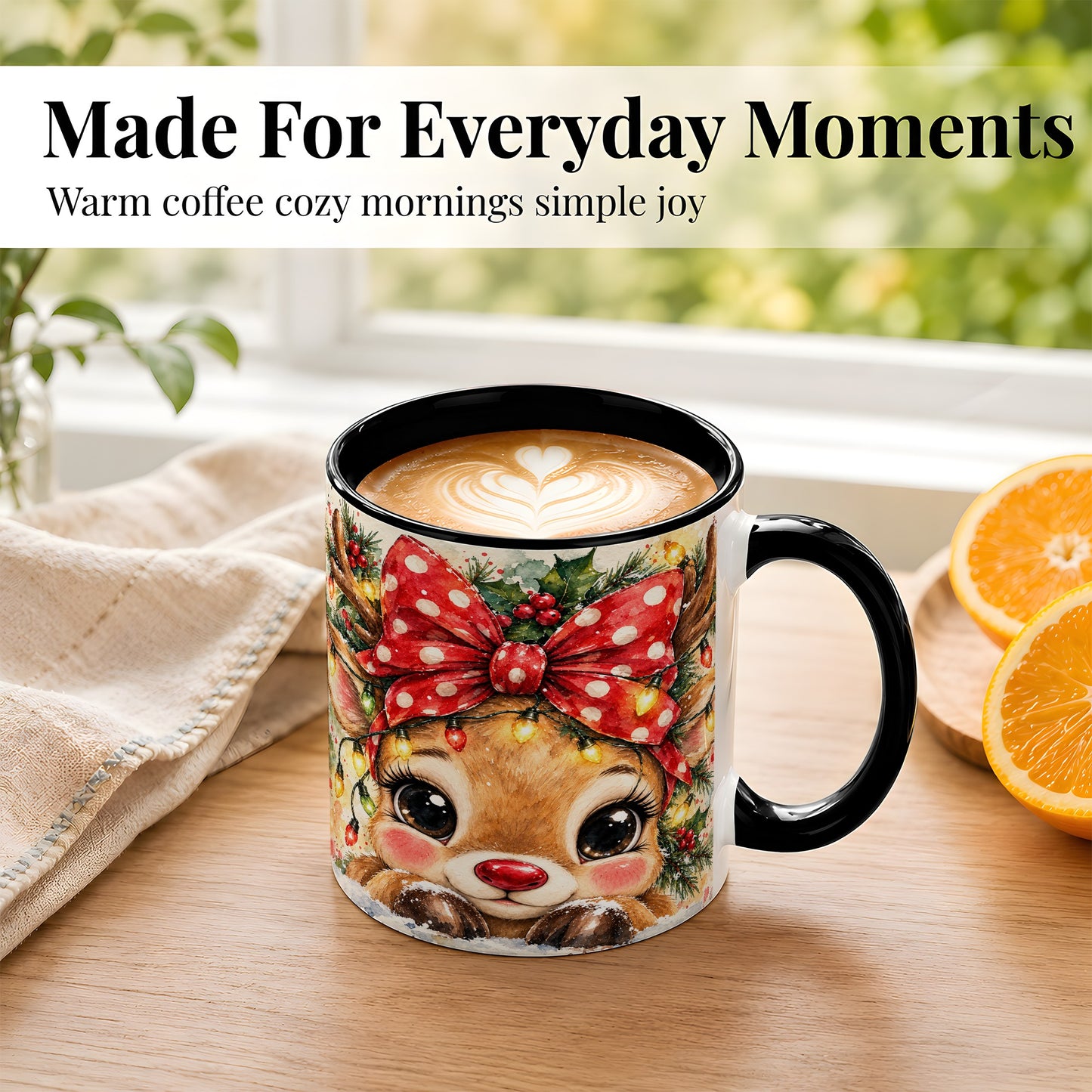 #pl[11oz|Black] Cute Christmas Reindeer Coffee Mug, Red Bow Mug, Ceramic Cup