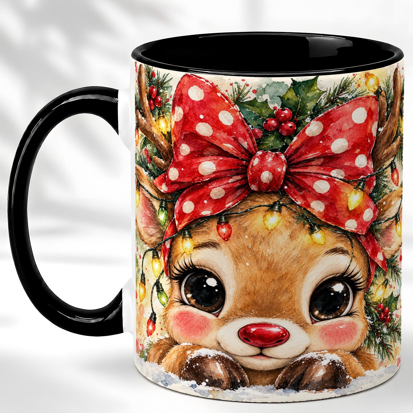 #pl[11oz|Black] Cute Christmas Reindeer Coffee Mug, Red Bow Mug, Ceramic Cup