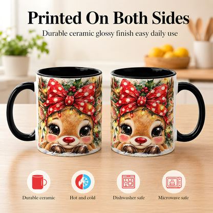 #pl[11oz|Black] Cute Christmas Reindeer Coffee Mug, Red Bow Mug, Ceramic Cup