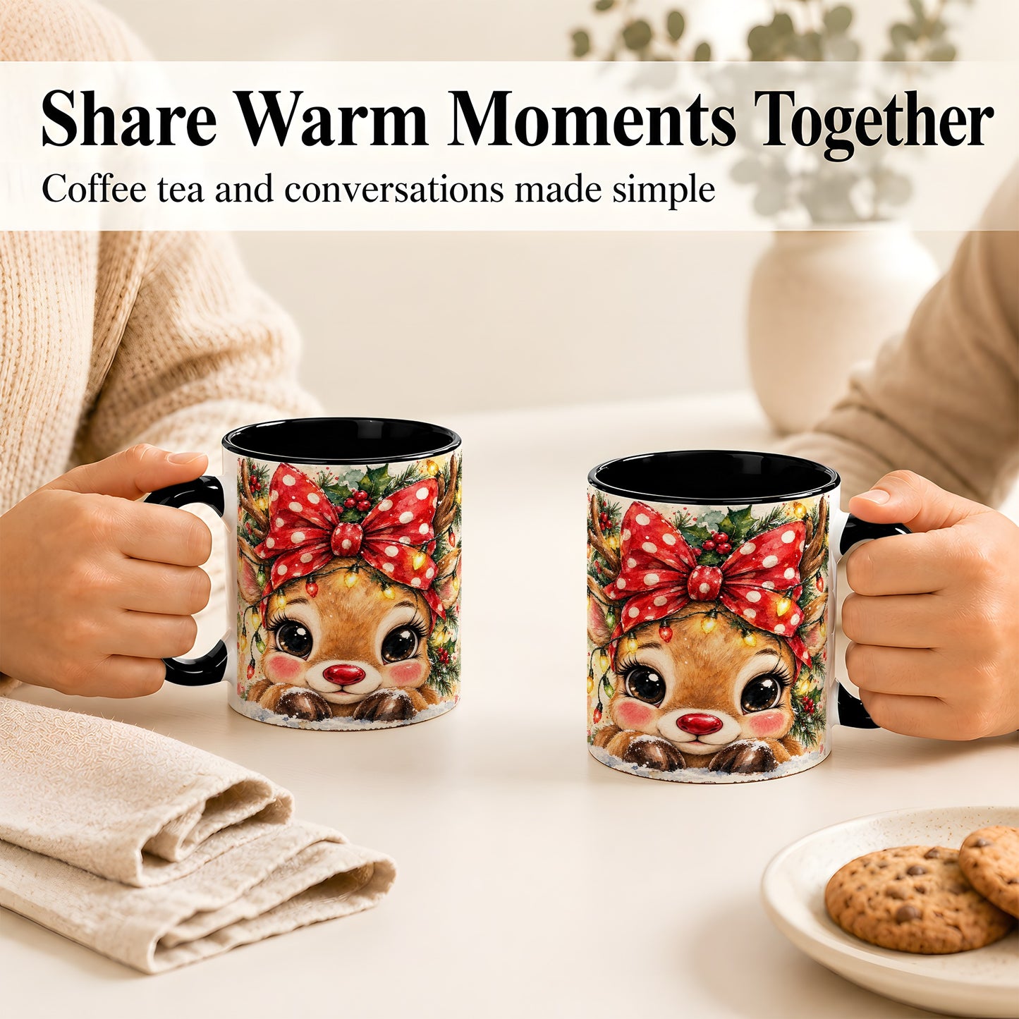 #pl[11oz|Black] Cute Christmas Reindeer Coffee Mug, Red Bow Mug, Ceramic Cup