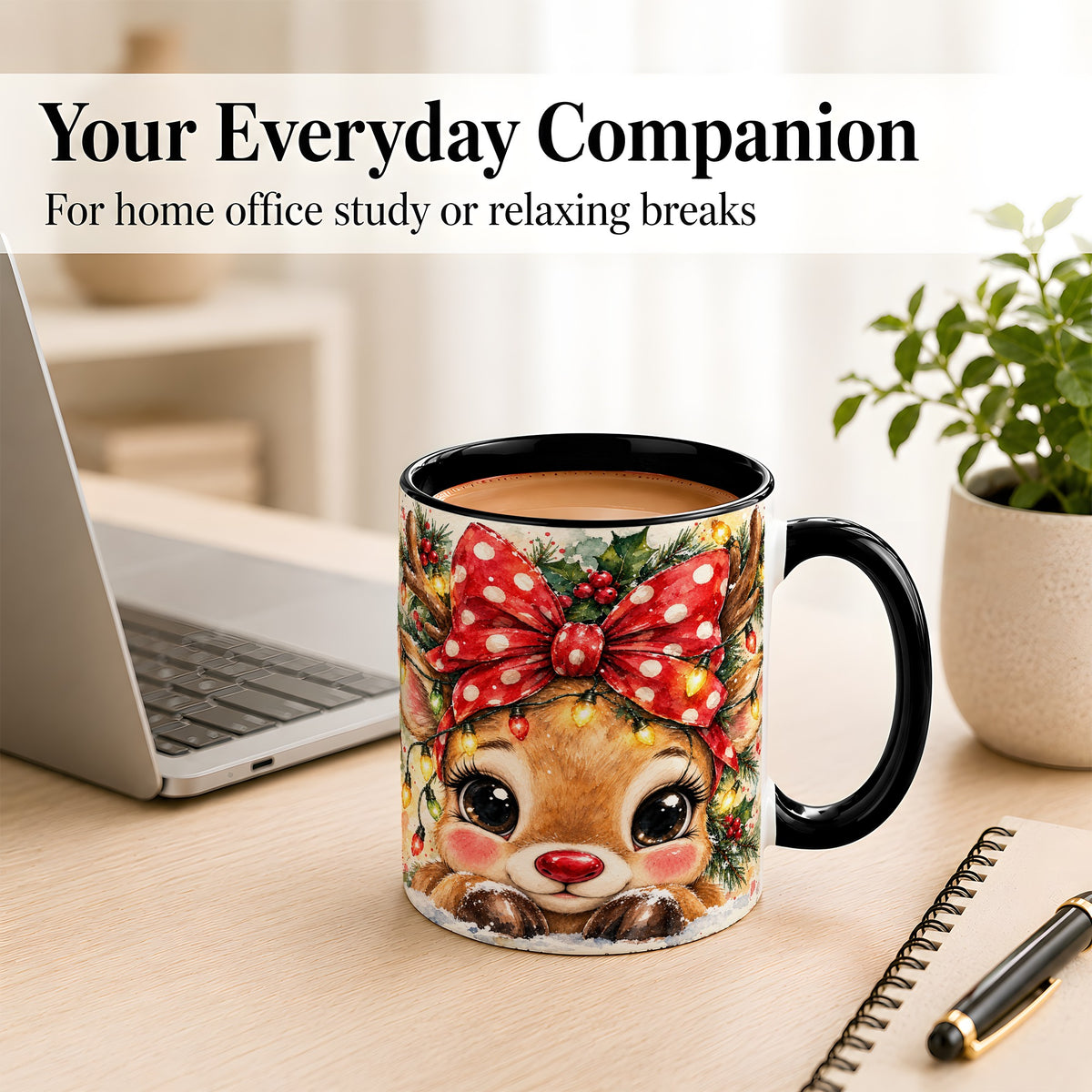 #pl[11oz|Black] Cute Christmas Reindeer Coffee Mug, Red Bow Mug, Ceramic Cup