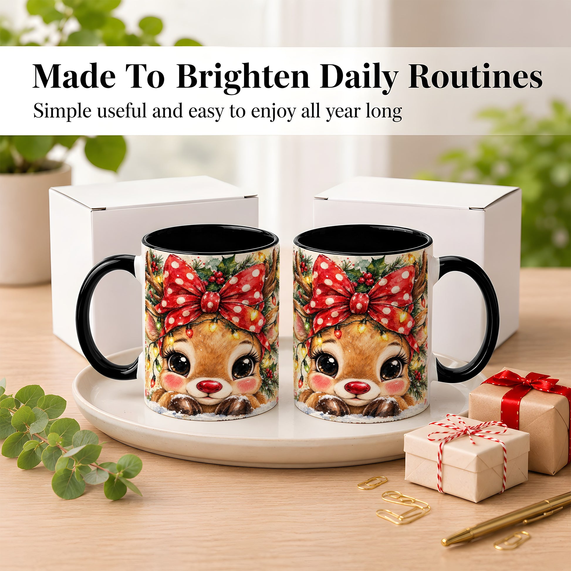 #pl[11oz|Black] Cute Christmas Reindeer Coffee Mug, Red Bow Mug, Ceramic Cup