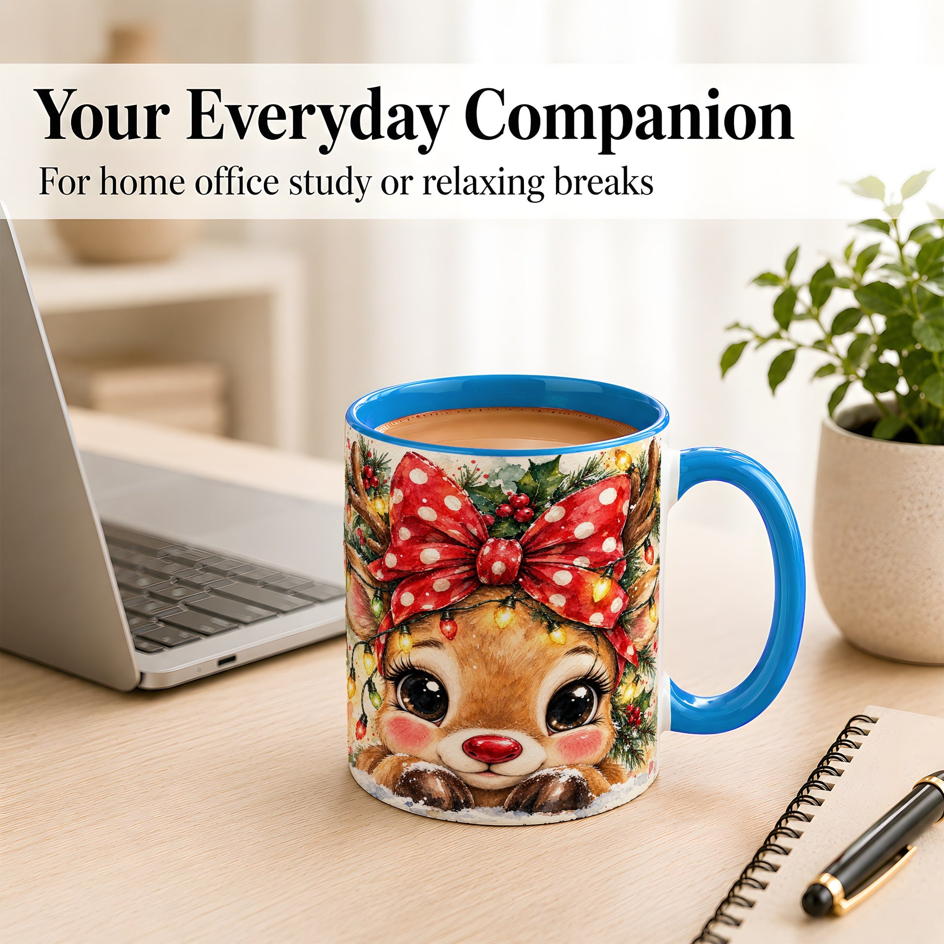 #pl[11oz|Blue] Cute Christmas Reindeer Coffee Mug, Red Bow Mug, Ceramic Cup