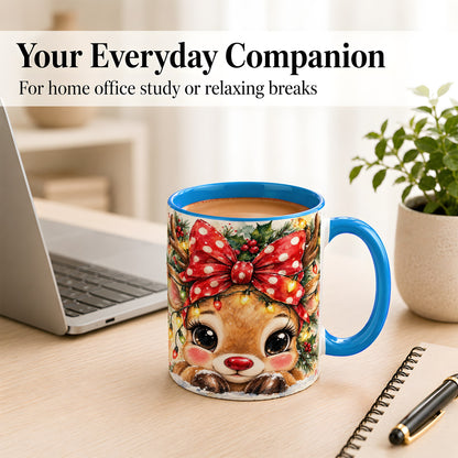 #pl[11oz|Blue] Cute Christmas Reindeer Coffee Mug, Red Bow Mug, Ceramic Cup