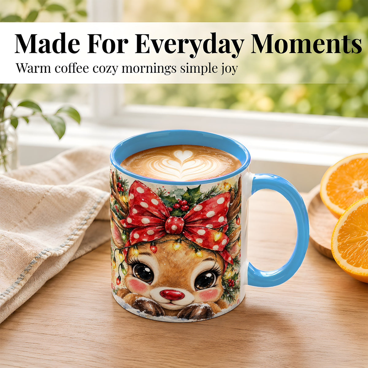 #pl[11oz|Blue] Cute Christmas Reindeer Coffee Mug, Red Bow Mug, Ceramic Cup