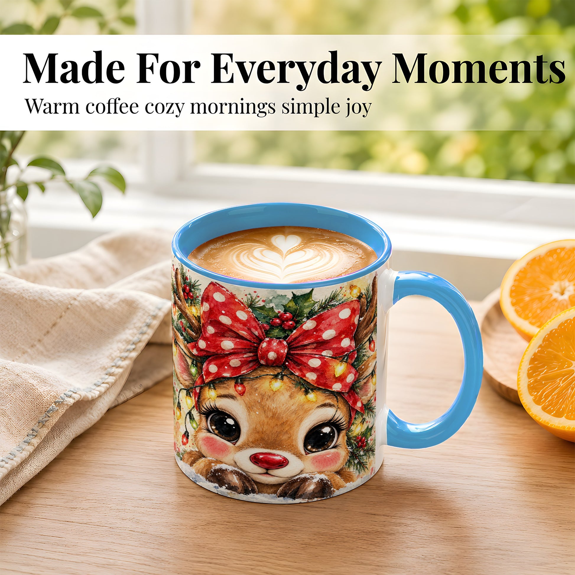 #pl[11oz|Blue] Cute Christmas Reindeer Coffee Mug, Red Bow Mug, Ceramic Cup