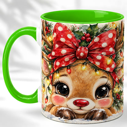 #pl[11oz|Green] Cute Christmas Reindeer Coffee Mug, Red Bow Mug, Ceramic Cup