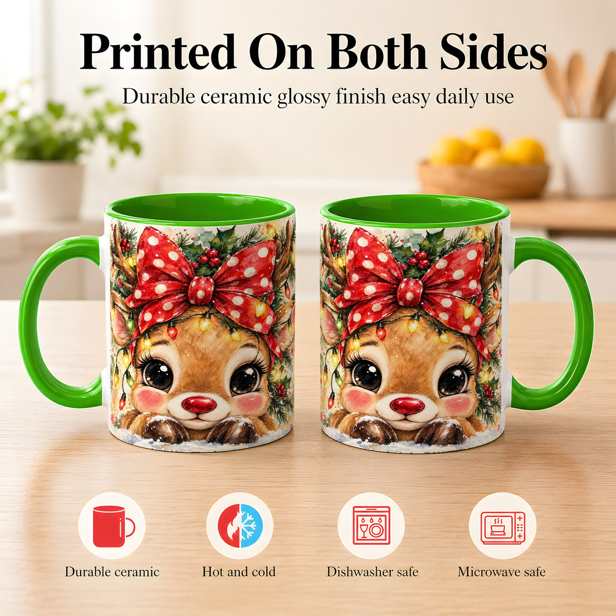 #pl[11oz|Green] Cute Christmas Reindeer Coffee Mug, Red Bow Mug, Ceramic Cup