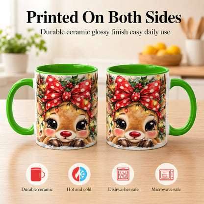 #pl[11oz|Green] Cute Christmas Reindeer Coffee Mug, Red Bow Mug, Ceramic Cup