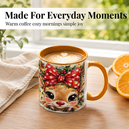 #pl[11oz|Orange] Cute Christmas Reindeer Coffee Mug, Red Bow Mug, Ceramic Cup