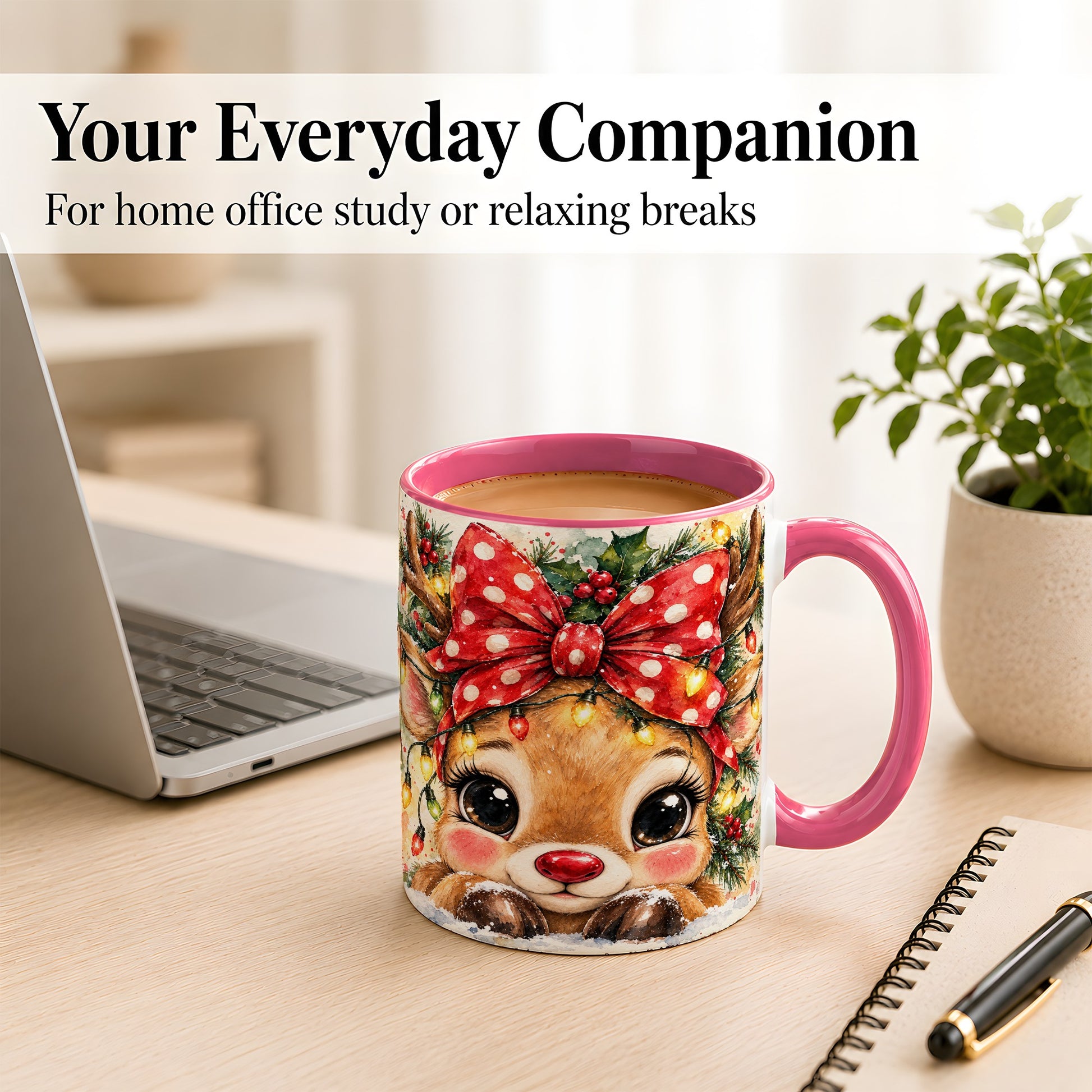#pl[11oz|Pink] Cute Christmas Reindeer Coffee Mug, Red Bow Mug, Ceramic Cup