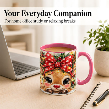 #pl[11oz|Pink] Cute Christmas Reindeer Coffee Mug, Red Bow Mug, Ceramic Cup