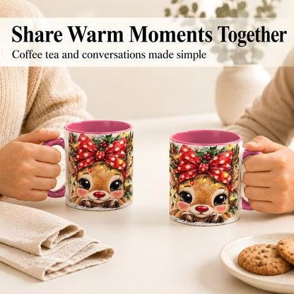 #pl[11oz|Pink] Cute Christmas Reindeer Coffee Mug, Red Bow Mug, Ceramic Cup