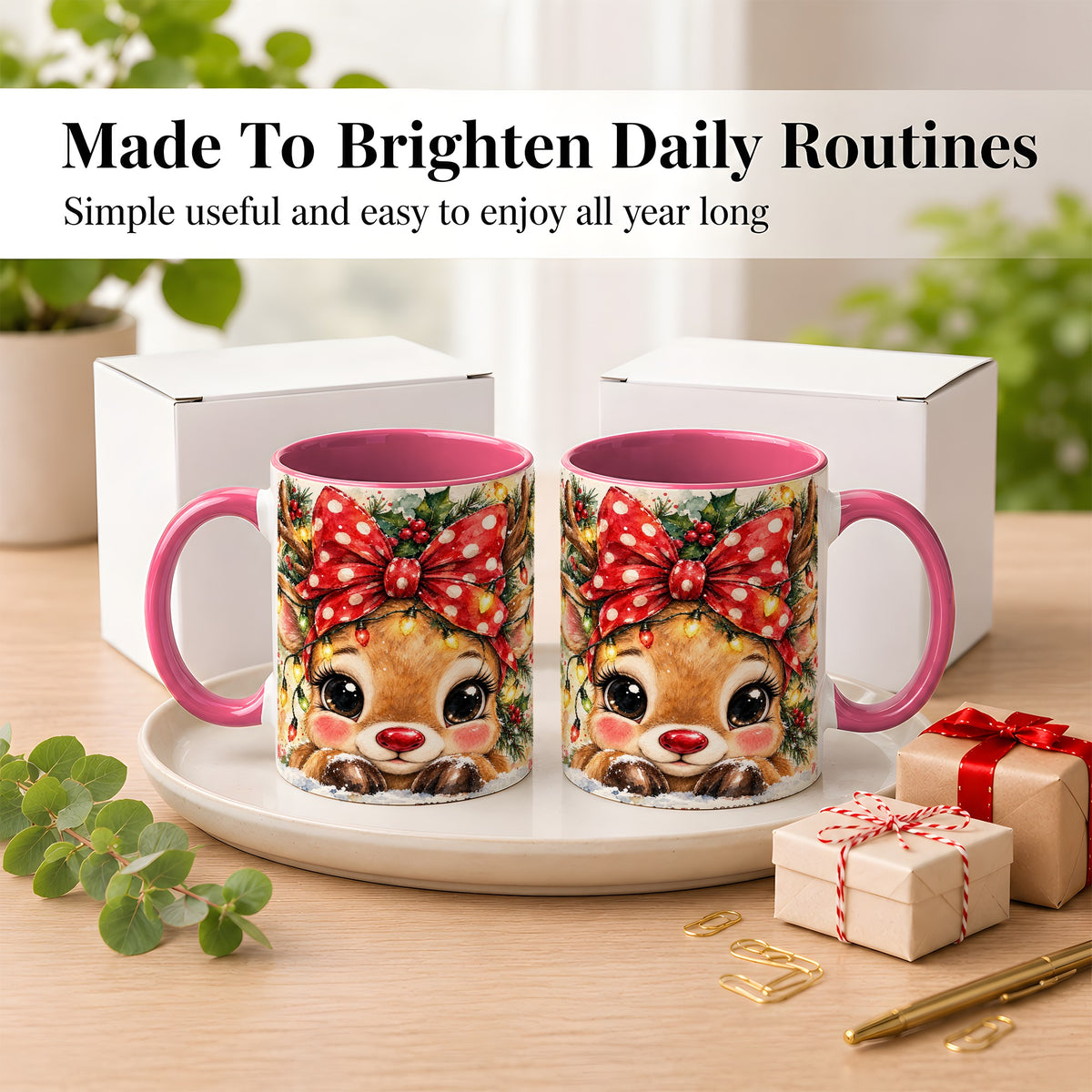 #pl[11oz|Pink] Cute Christmas Reindeer Coffee Mug, Red Bow Mug, Ceramic Cup