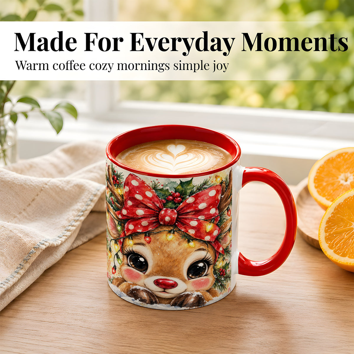 #pl[11oz|Red] Cute Christmas Reindeer Coffee Mug, Red Bow Mug, Ceramic Cup