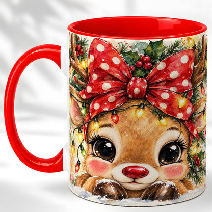 Cute Christmas Reindeer Coffee Mug, Red Bow Mug, Ceramic Cup