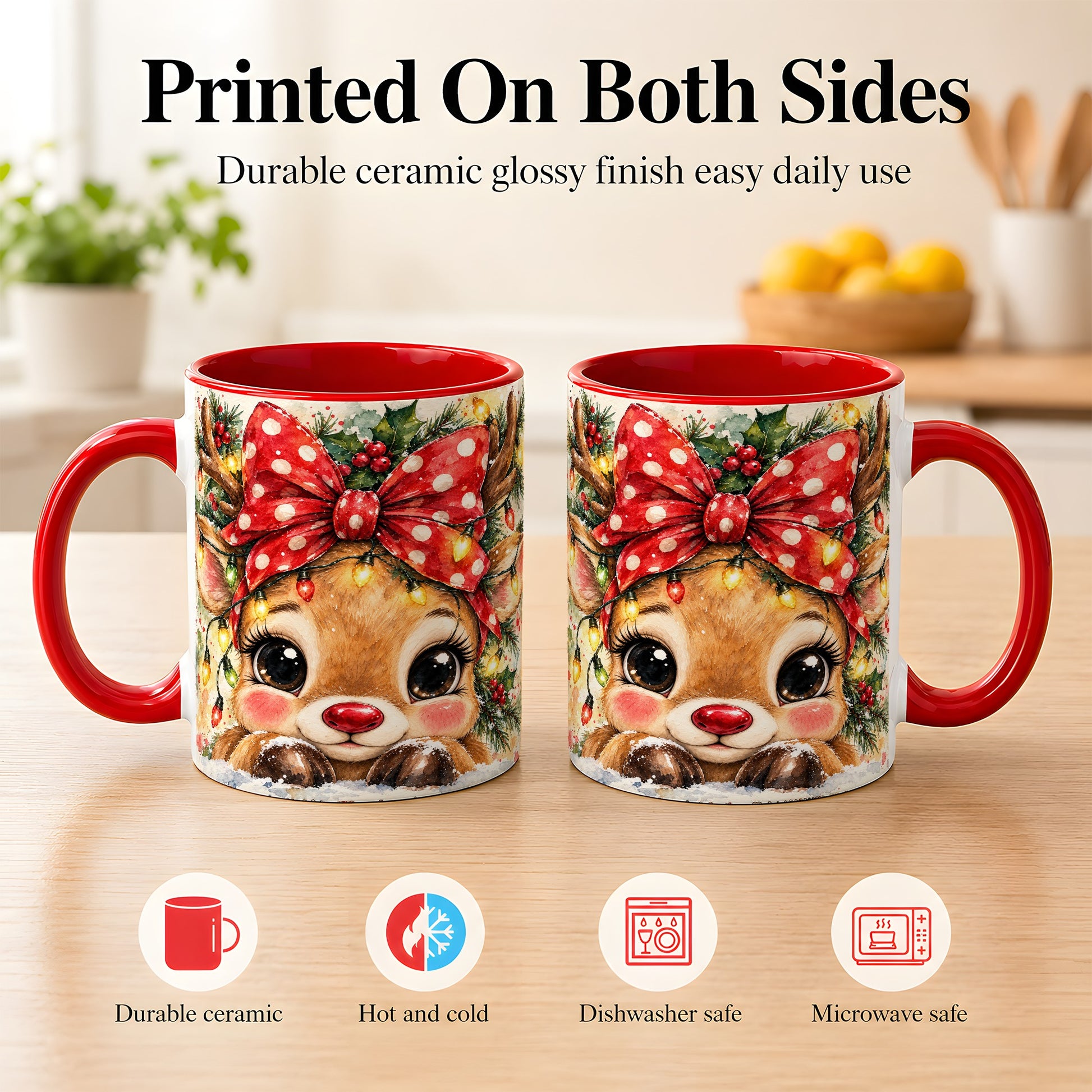 #pl[11oz|Red] Cute Christmas Reindeer Coffee Mug, Red Bow Mug, Ceramic Cup