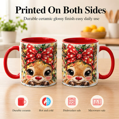 #pl[11oz|Red] Cute Christmas Reindeer Coffee Mug, Red Bow Mug, Ceramic Cup