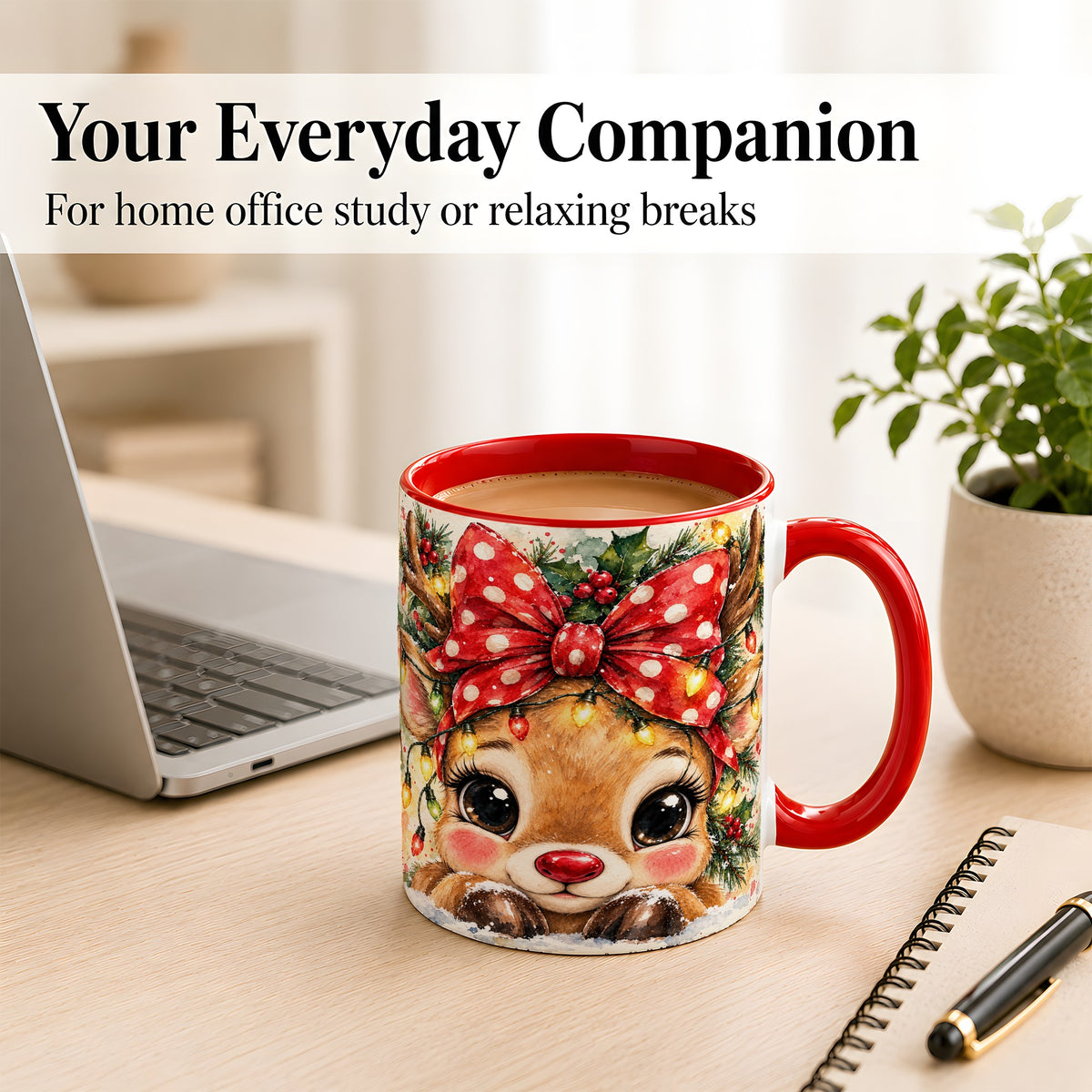 #pl[11oz|Red] Cute Christmas Reindeer Coffee Mug, Red Bow Mug, Ceramic Cup