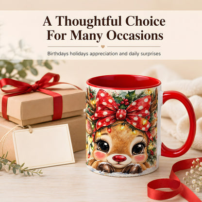 #pl[11oz|Red] Cute Christmas Reindeer Coffee Mug, Red Bow Mug, Ceramic Cup