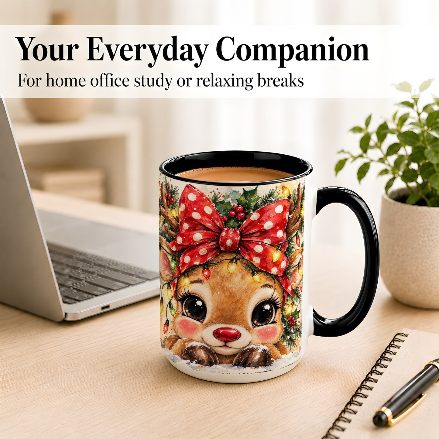 #pl[15oz|Black] Cute Christmas Reindeer Coffee Mug, Red Bow Mug, Ceramic Cup