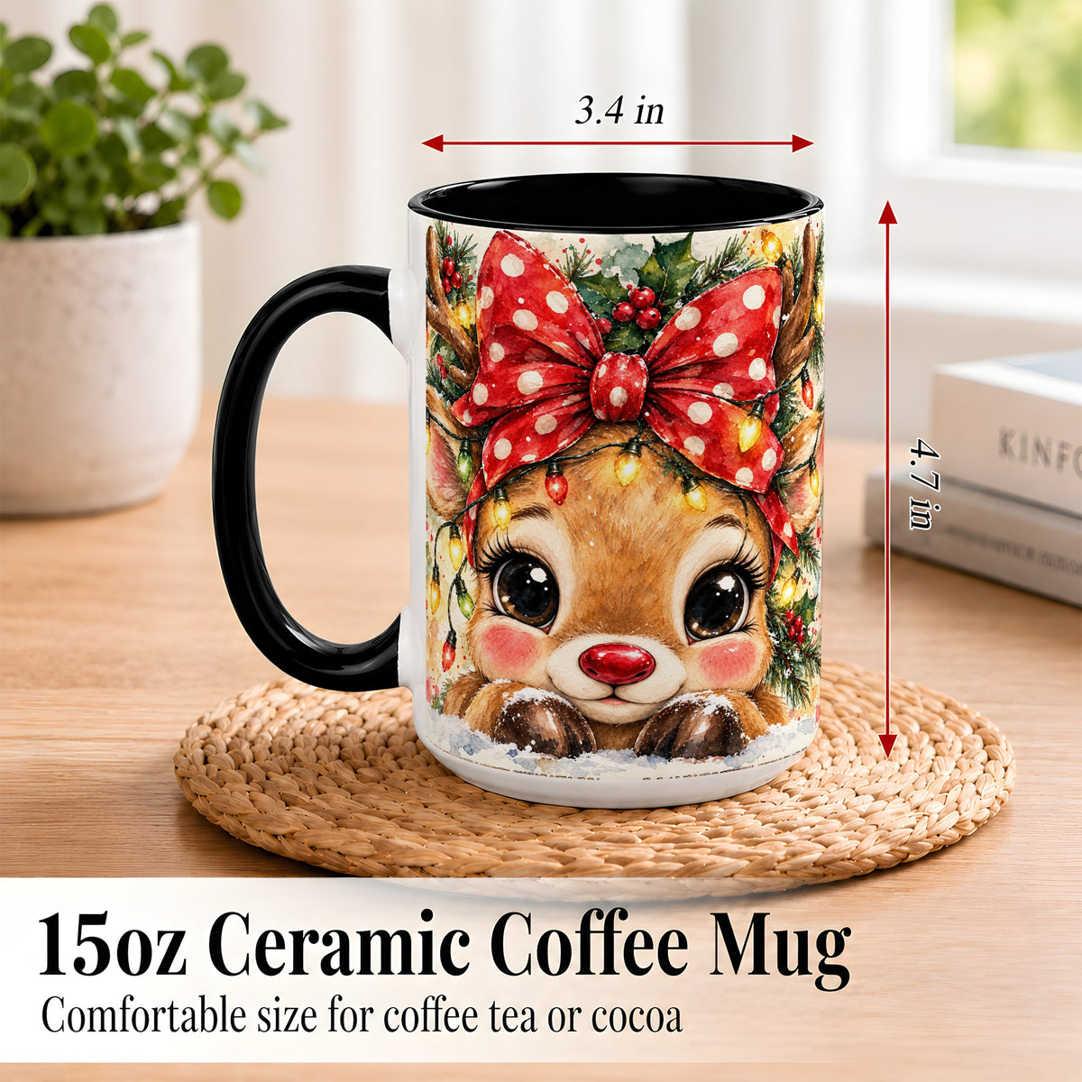 #pl[15oz|Black] Cute Christmas Reindeer Coffee Mug, Red Bow Mug, Ceramic Cup