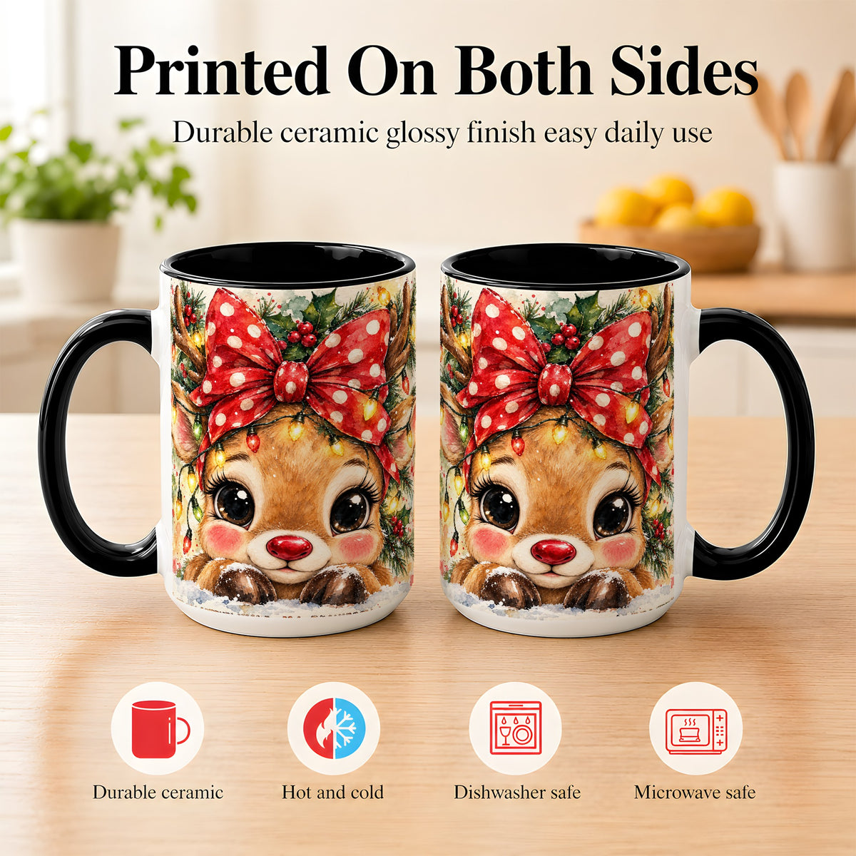 #pl[15oz|Black] Cute Christmas Reindeer Coffee Mug, Red Bow Mug, Ceramic Cup
