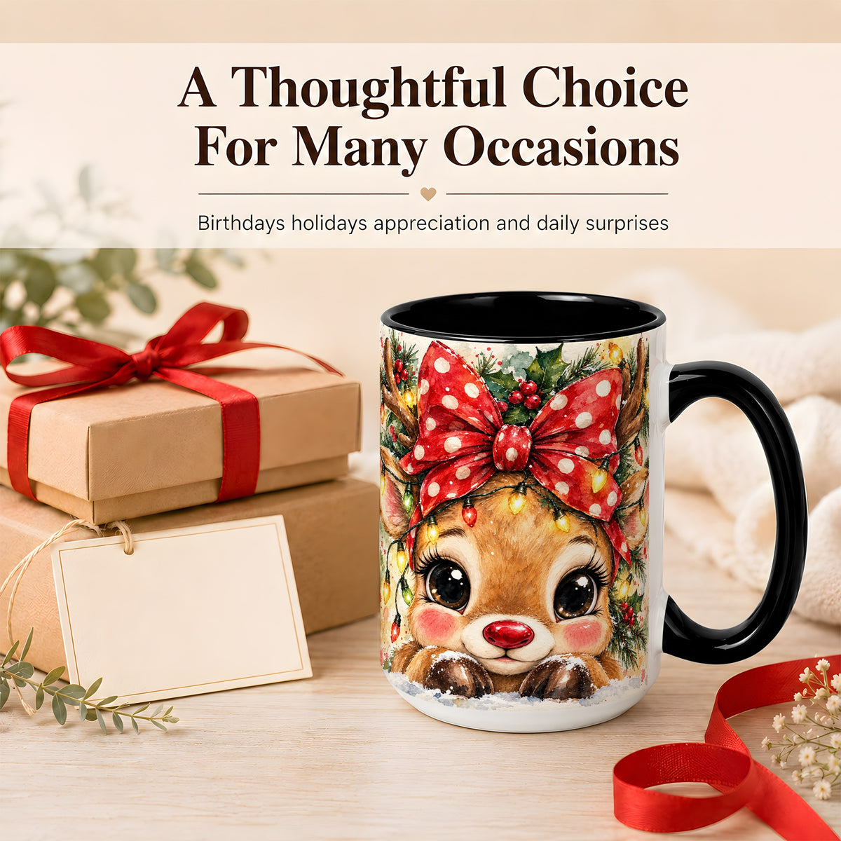 #pl[15oz|Black] Cute Christmas Reindeer Coffee Mug, Red Bow Mug, Ceramic Cup