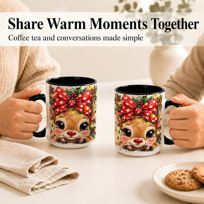 #pl[15oz|Black] Cute Christmas Reindeer Coffee Mug, Red Bow Mug, Ceramic Cup