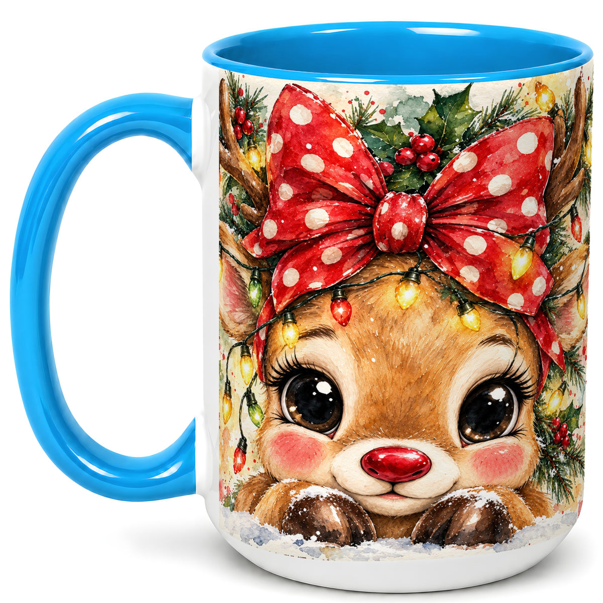 #pl[15oz|Blue] Cute Christmas Reindeer Coffee Mug, Red Bow Mug, Ceramic Cup