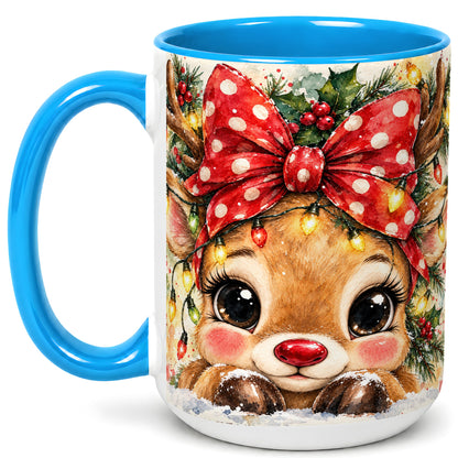 #pl[15oz|Blue] Cute Christmas Reindeer Coffee Mug, Red Bow Mug, Ceramic Cup