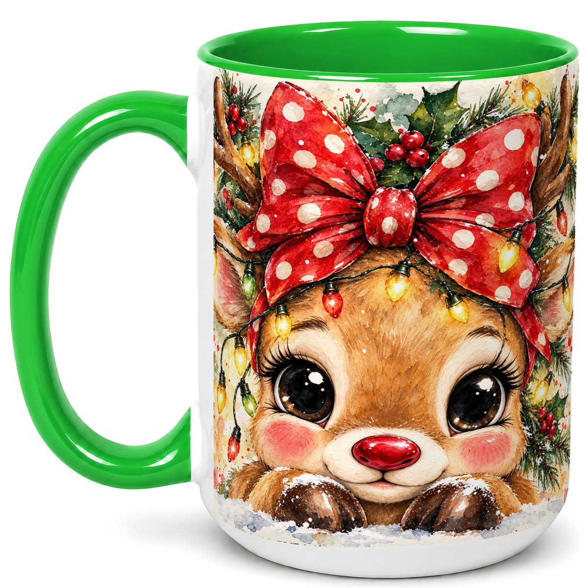 #pl[15oz|Green] Cute Christmas Reindeer Coffee Mug, Red Bow Mug, Ceramic Cup