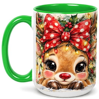 #pl[15oz|Green] Cute Christmas Reindeer Coffee Mug, Red Bow Mug, Ceramic Cup