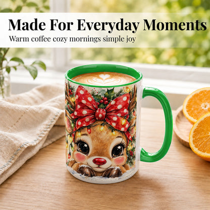 #pl[15oz|Green] Cute Christmas Reindeer Coffee Mug, Red Bow Mug, Ceramic Cup