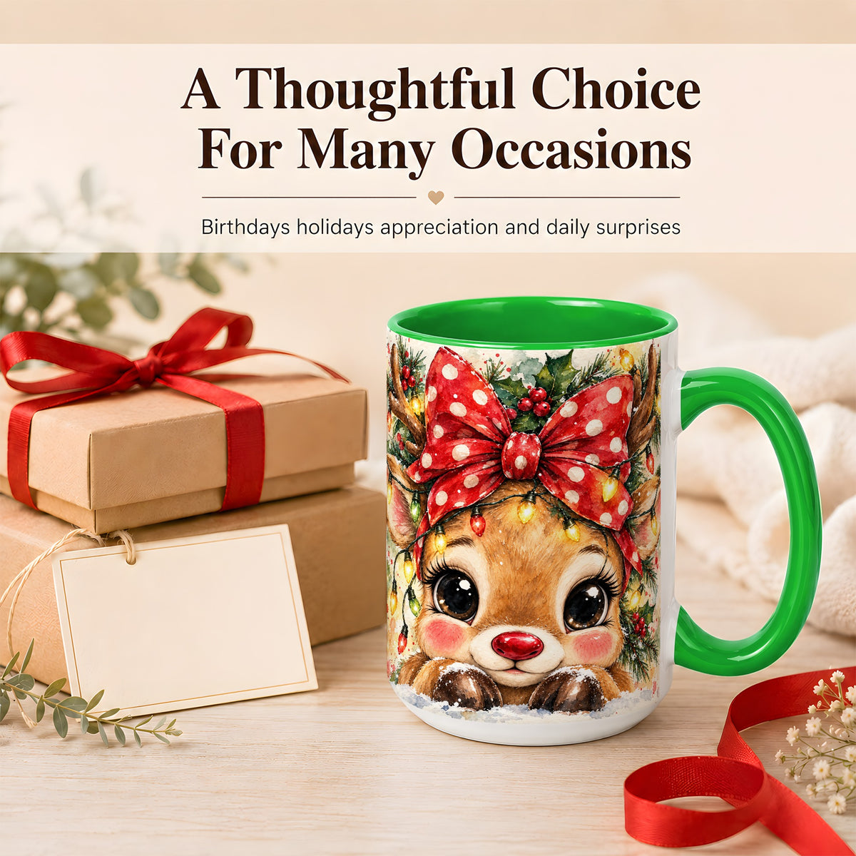 #pl[15oz|Green] Cute Christmas Reindeer Coffee Mug, Red Bow Mug, Ceramic Cup
