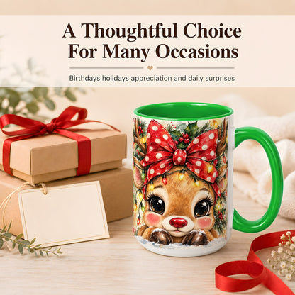 #pl[15oz|Green] Cute Christmas Reindeer Coffee Mug, Red Bow Mug, Ceramic Cup