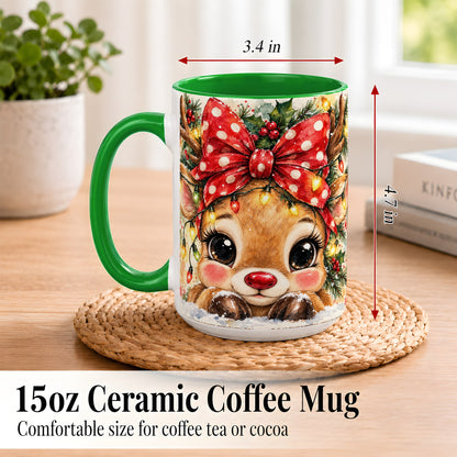 #pl[15oz|Green] Cute Christmas Reindeer Coffee Mug, Red Bow Mug, Ceramic Cup