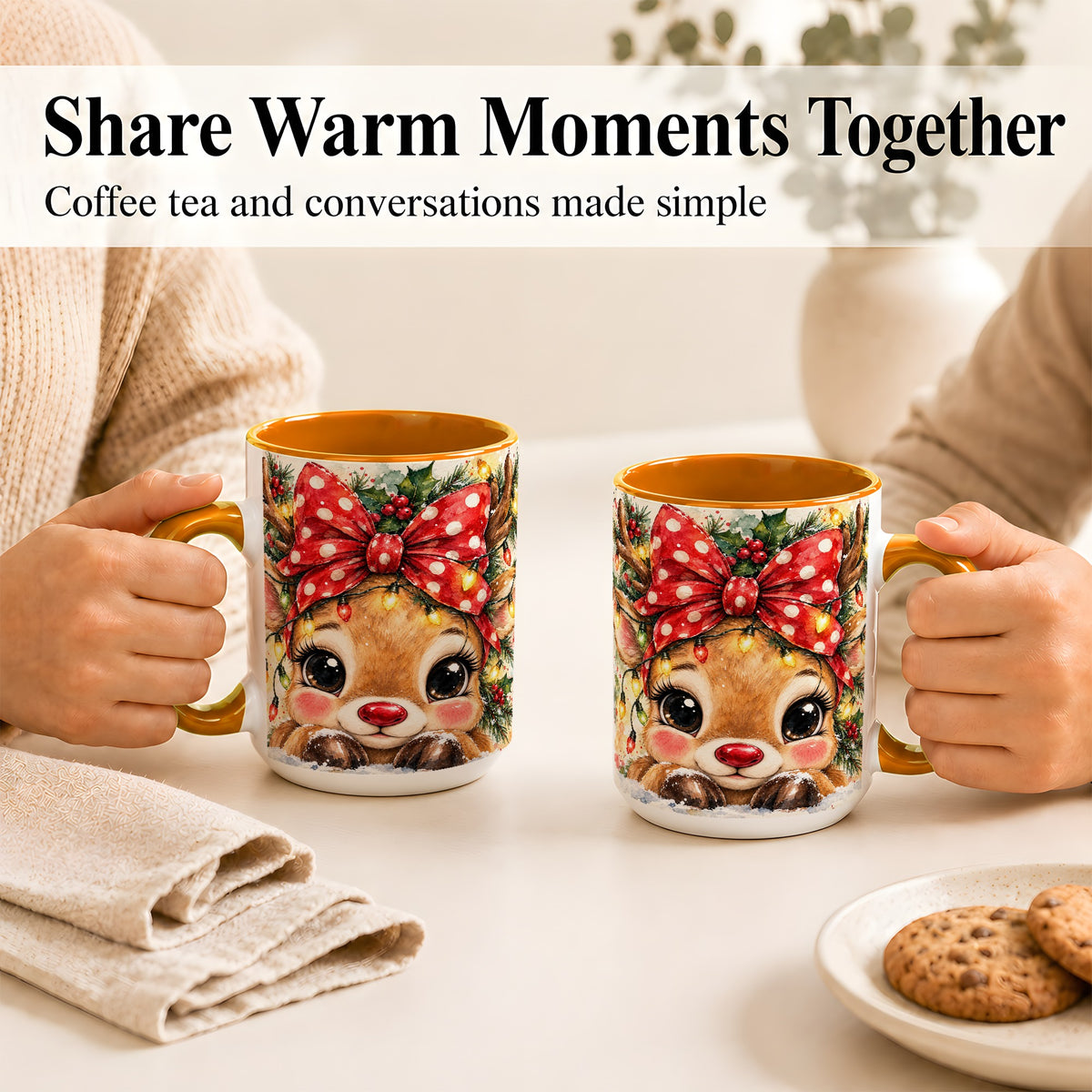 #pl[15oz|Orange] Cute Christmas Reindeer Coffee Mug, Red Bow Mug, Ceramic Cup