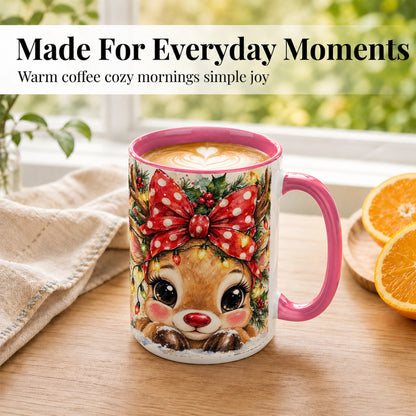 #pl[15oz|Pink] Cute Christmas Reindeer Coffee Mug, Red Bow Mug, Ceramic Cup