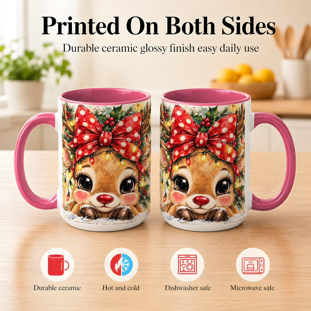 #pl[15oz|Pink] Cute Christmas Reindeer Coffee Mug, Red Bow Mug, Ceramic Cup