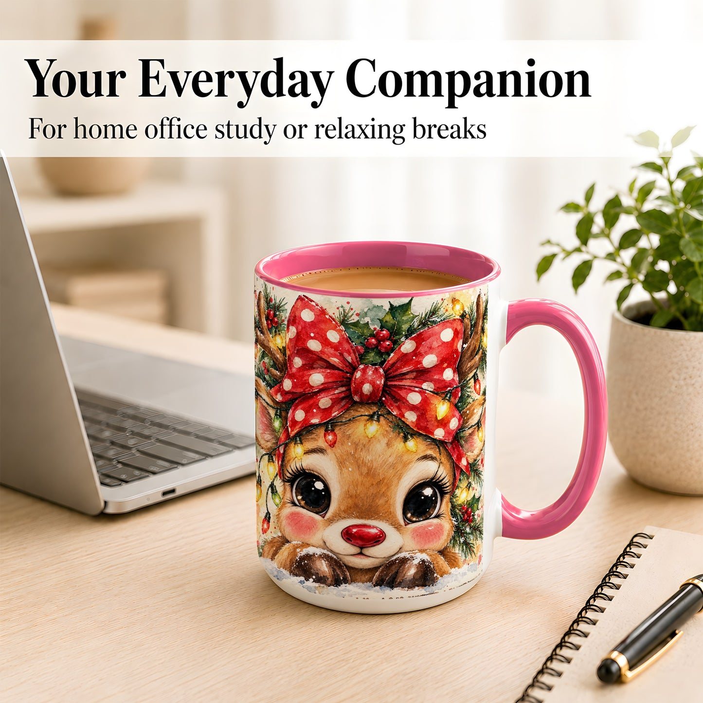 #pl[15oz|Pink] Cute Christmas Reindeer Coffee Mug, Red Bow Mug, Ceramic Cup