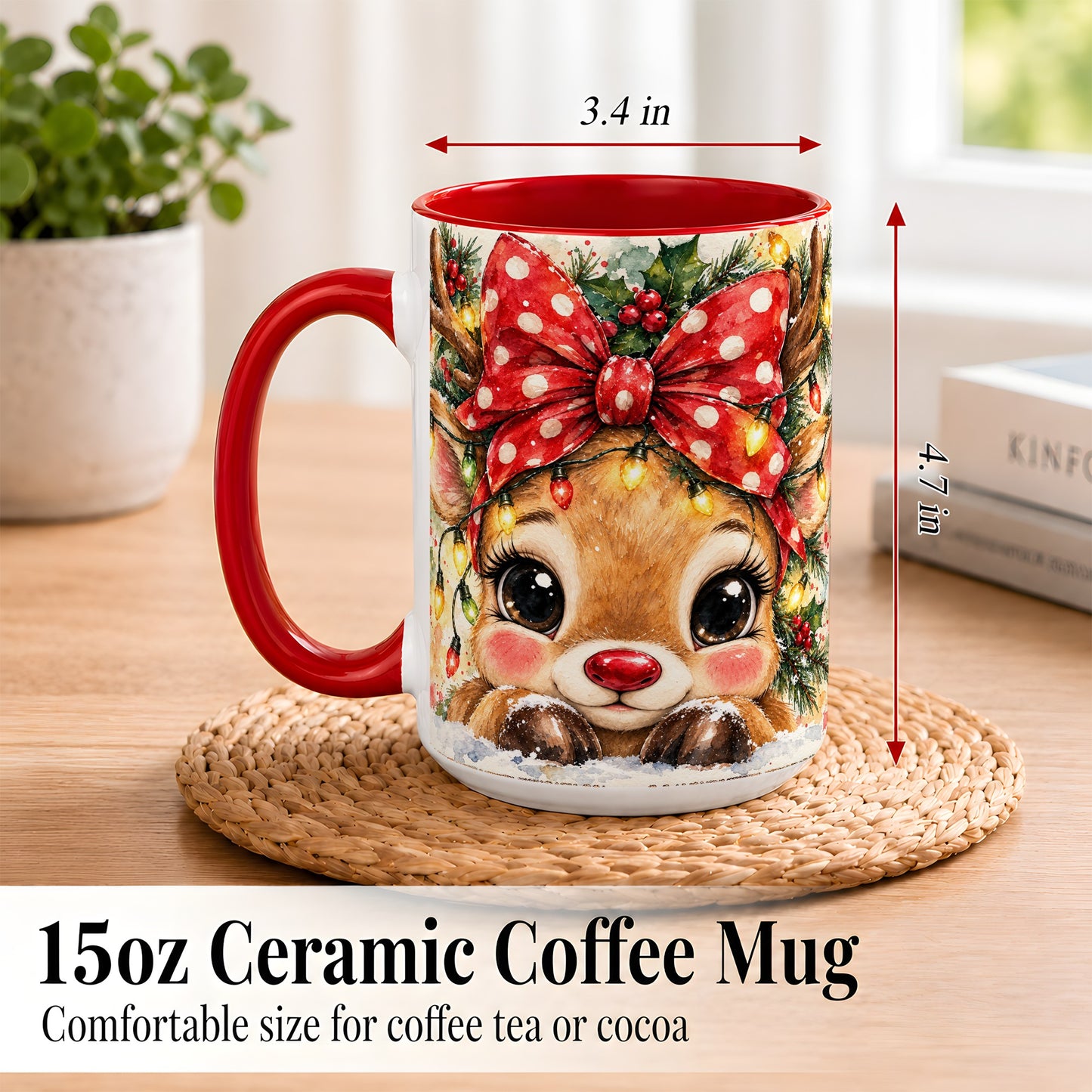#pl[15oz|Red] Cute Christmas Reindeer Coffee Mug, Red Bow Mug, Ceramic Cup
