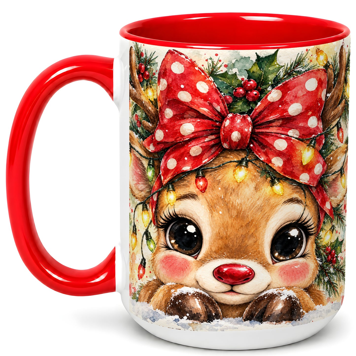 #pl[15oz|Red] Cute Christmas Reindeer Coffee Mug, Red Bow Mug, Ceramic Cup