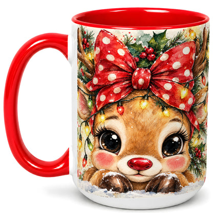 #pl[15oz|Red] Cute Christmas Reindeer Coffee Mug, Red Bow Mug, Ceramic Cup