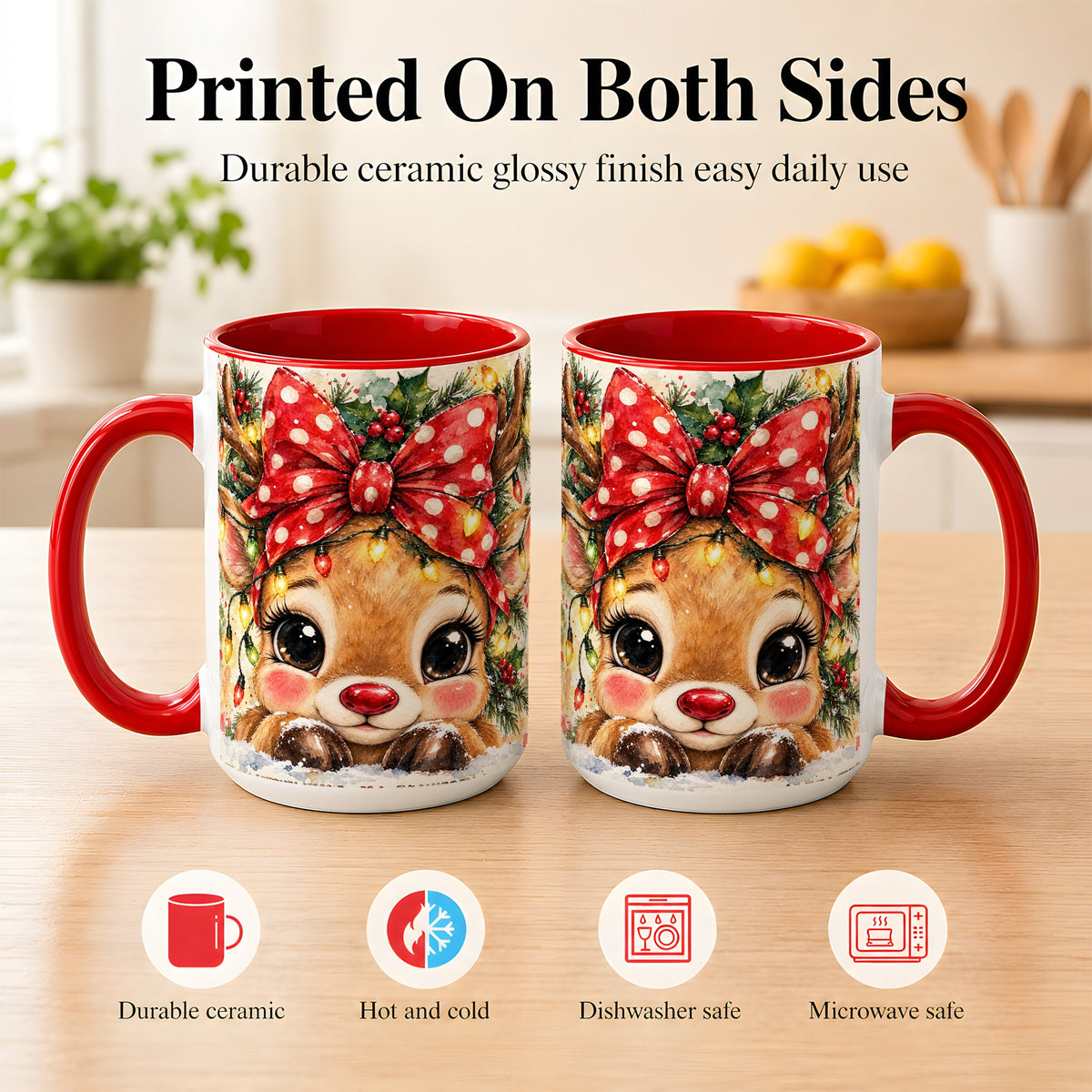 #pl[15oz|Red] Cute Christmas Reindeer Coffee Mug, Red Bow Mug, Ceramic Cup